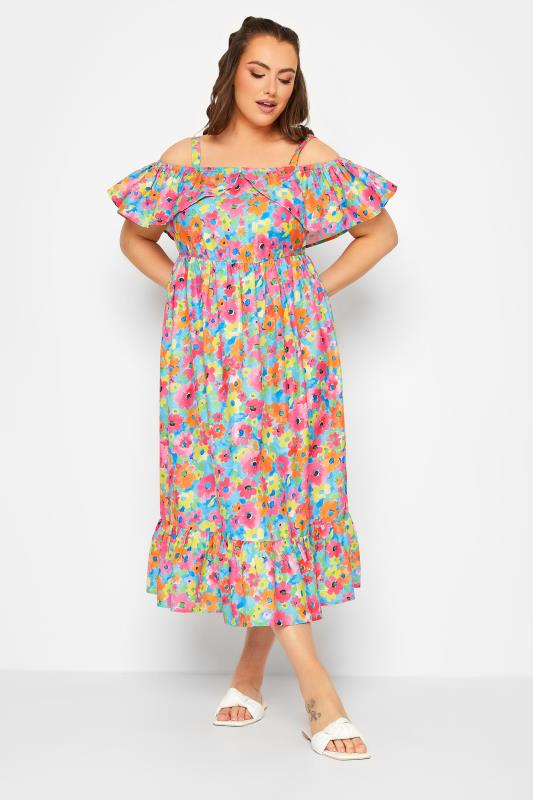 LIMITED COLLECTION Plus Size Blue Floral Frill Cold Shoulder Midi Dress | Yours Clothing 4