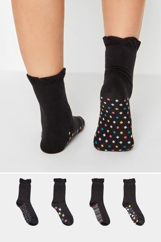 4 PACK Black Patterned Footbed Ankle Socks | Yours Clothing 1