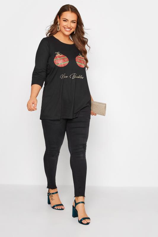 Plus Size Black 'Nice Baubles' Christmas Slogan T-shirt | Yours Clothing 3