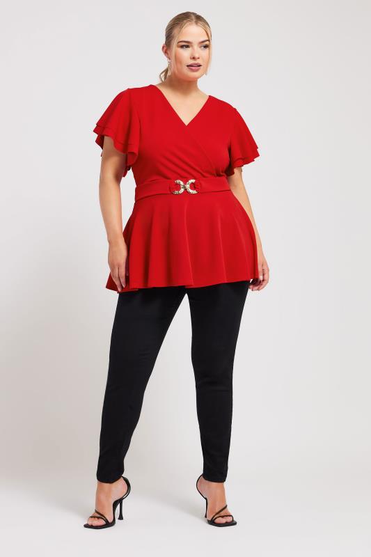 YOURS LONDON Plus Size Red Buckle Detail Peplum Top | Yours Clothing 2
