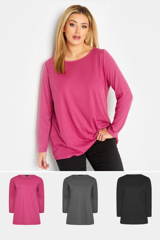 3 PACK Plus Size Black & Pink Long Sleeve T-Shirts | Yours Clothing 1