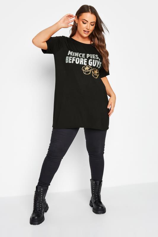 LIMITED COLLECTION Plus Size Black Glitter 'Mince Pies' Slogan Christmas T-Shirt | Yours Clothing 2
