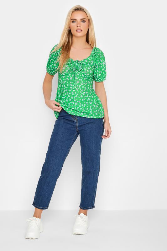 Petite Green Daisy Print Ruched Front Top | PixieGirl 2