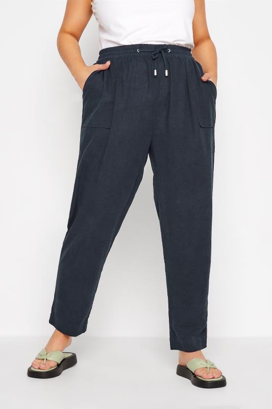  dla puszystych YOURS Curve Navy Blue Linen Blend Joggers