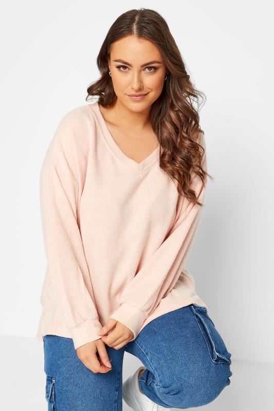 Plus Size Light Pink V-Neck Soft Touch Fleece Sweatshirt | Yours Clothing 4