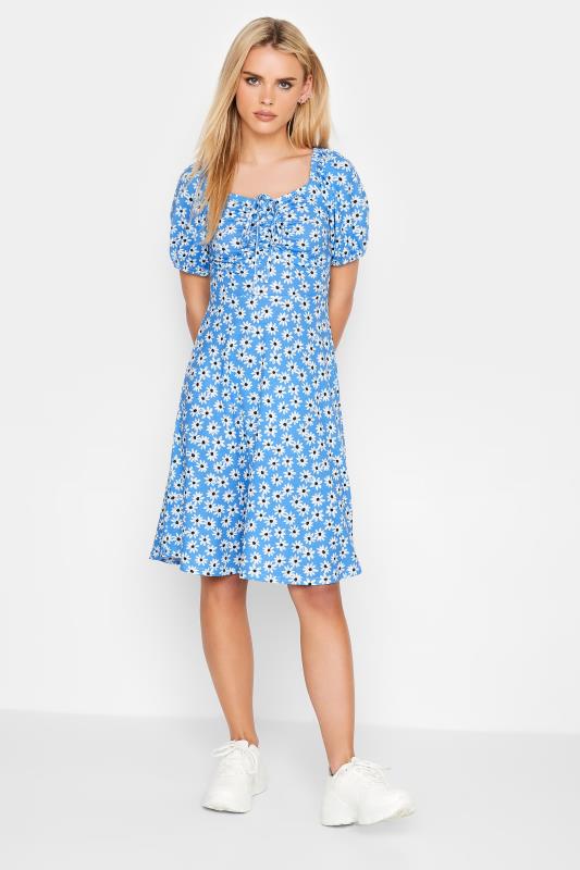 Petite Blue Daisy Print Ruched Front Dress | PixieGirl 2