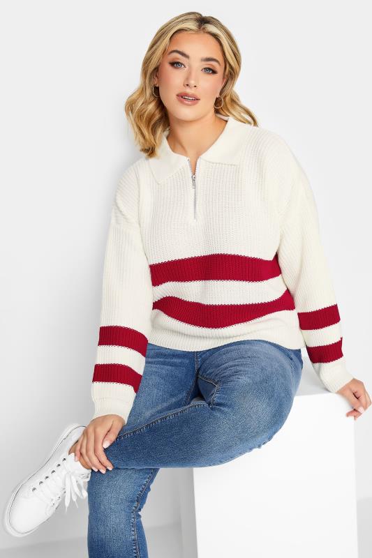 Plus Size  YOURS PETITE Curve White & Red Stripe Zip Collar Jumper