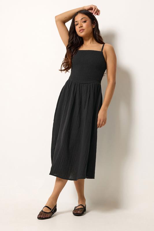 PixieGirl Petite Women's Black Cotton Cheesecloth Midi Dress | PixieGirl 1