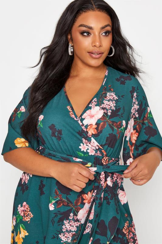 YOURS LONDON Plus Size Green Floral Print Wrap Dress | Yours Clothing 4