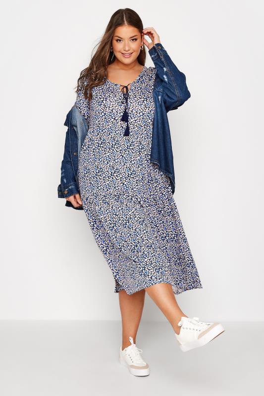 Plus Size Blue Ditsy Print Tiered Midi Dress | Yours Clothing 2