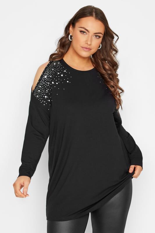 Plus Size Black Cold Shoulder Embellished Tunic Top | Yours Clothing 2
