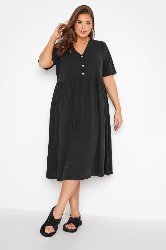 LIMITED COLLECTION Curve Black Ribbed Peplum Midi Dress 1