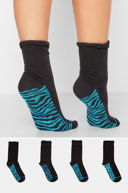 YOURS 4 PACK Black Animal Print Footbed Ankle Socks | Yours Clothing 1