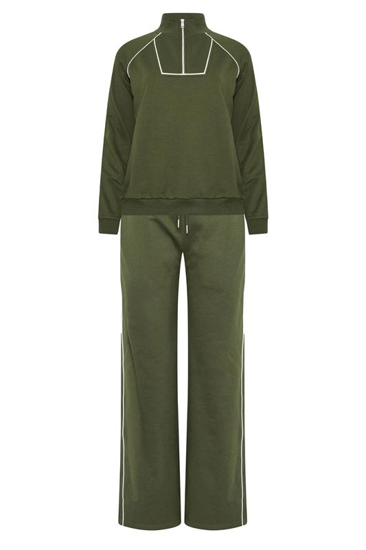 LTS Tall Women's Khaki Green Cotton Pipe Quarter Zip Sweatshirt & Wide Leg Trousers Set 10