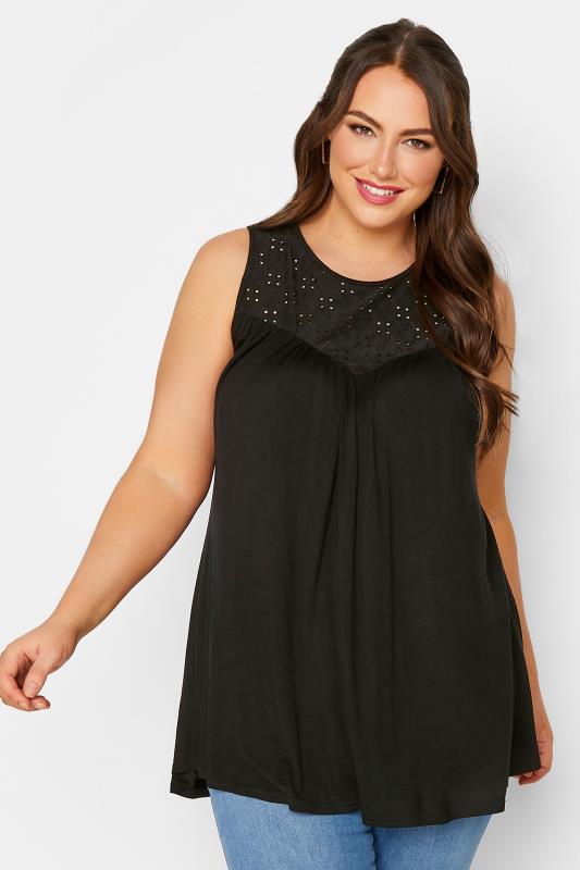  Grande Taille LIMITED COLLECTION Curve Black Broderie Anglaise Insert Vest Top