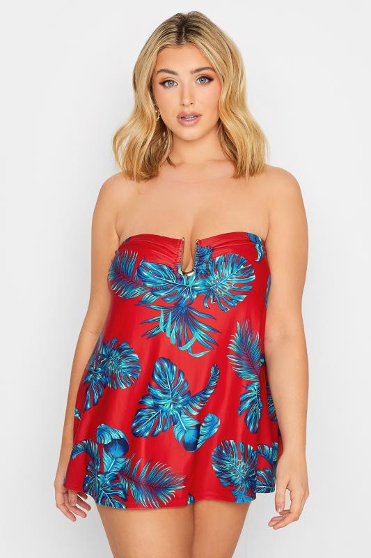 YOURS Curve Plus Size Red Palm Leaf Tankini Top | Yours Clothing  2