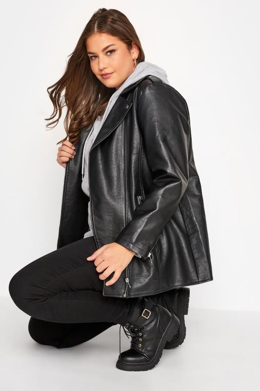 Plus Size Black Faux Leather Longline Biker Jacket | Yours Clothing 5