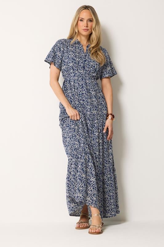  LTS Tall Dark Blue & White Floral Tie Waist Maxi Dress