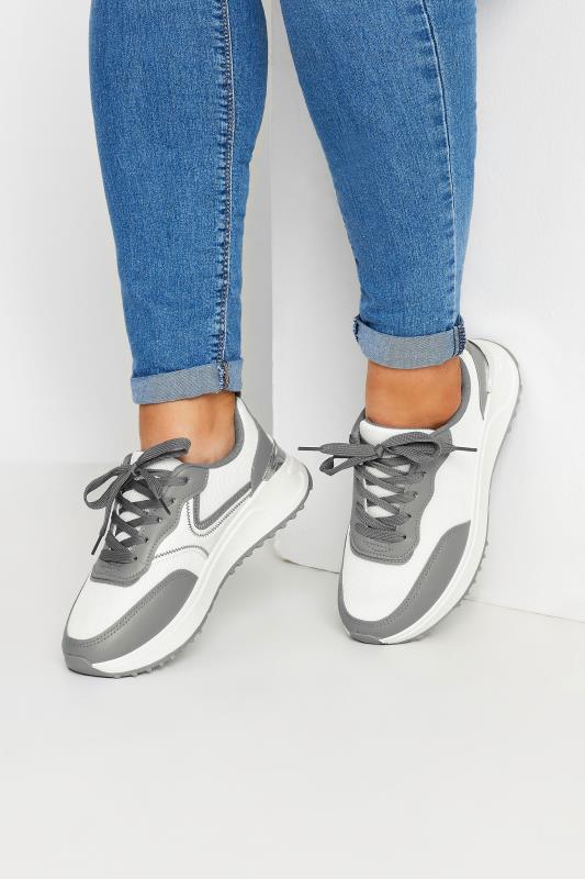 Plus Size  White & Grey Contrast Chunky Trainers In Wide E Fit