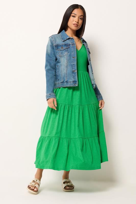 M&Co Petite Green Notch Neck Tiered Cotton Maxi Dress | M&Co 1