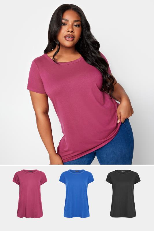 YOURS 3 PACK Plus Size Blue & Pink T-Shirts | Yours Clothing 1