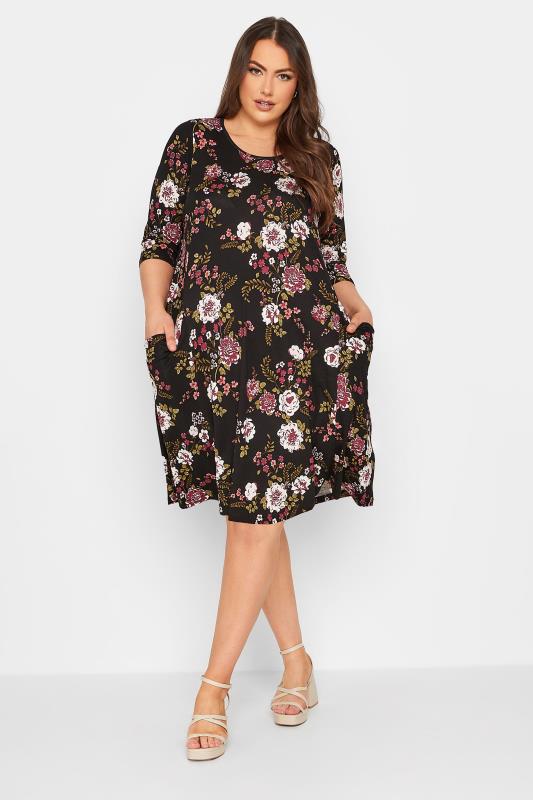 Plus Size Black Floral Print Drape Pocket Dress | Yours Clothing 2