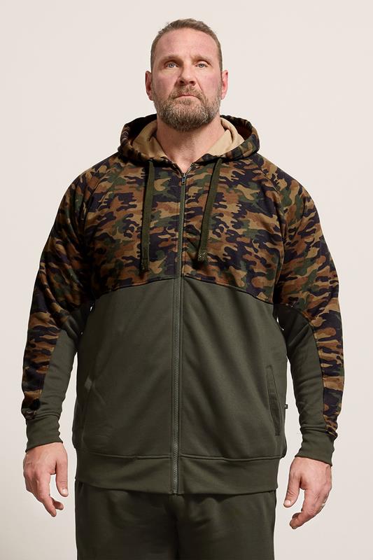  KAM Big & Tall Sweat à capuche zippé color block vert kaki et motif camouflage