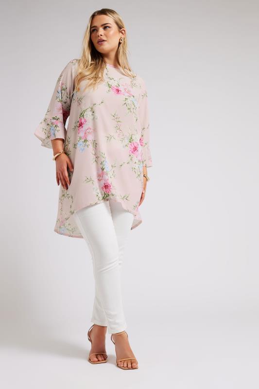 YOURS LONDON Plus Size Pink Floral Flute Sleeve Tunic | Yours Clothing 4