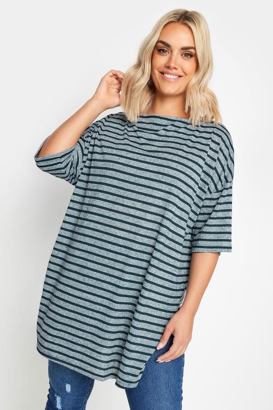 YOURS Plus Size Blue Stripe Oversized Linen T-Shirt | Yours Clothing 1
