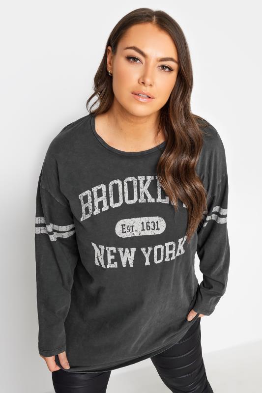 Plus Size  YOURS Curve Grey Acid Wash 'Brooklyn' Slogan T-Shirt