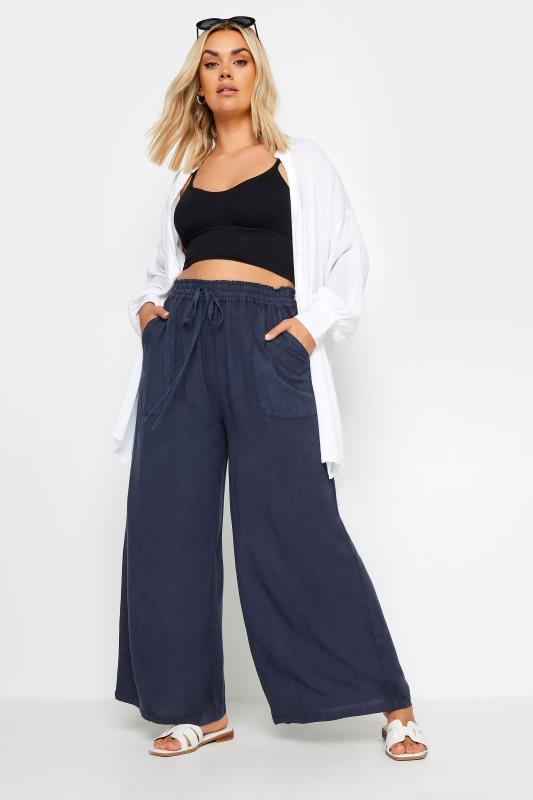 YOURS Plus Size Indigo Blue Chambray Wide Leg Trousers | Yours Clothing 2