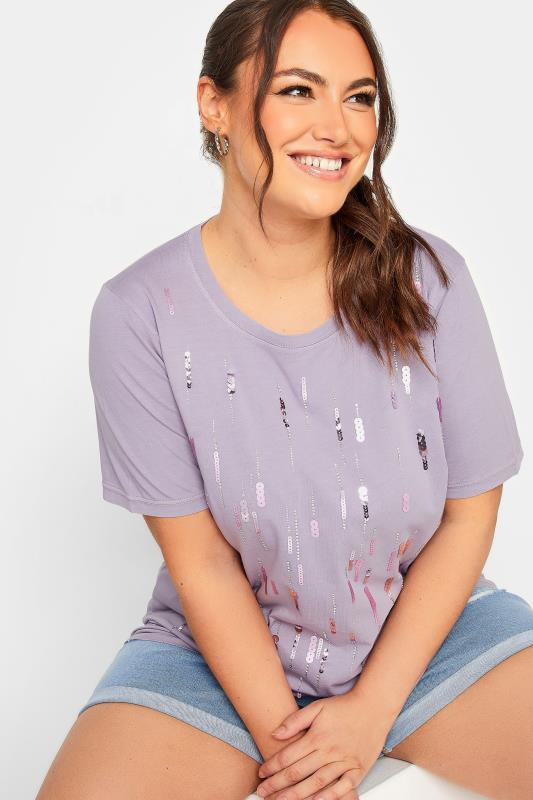 YOURS Plus Size Curve Lilac Purple Embellished T-Shirt | Yours Clothing 4