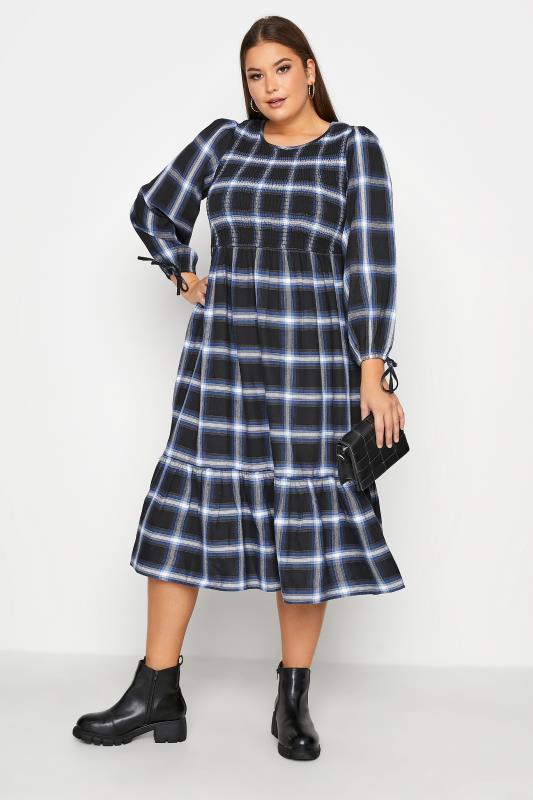 LIMITED COLLECTION Curve Black Check Shirred Dress 1