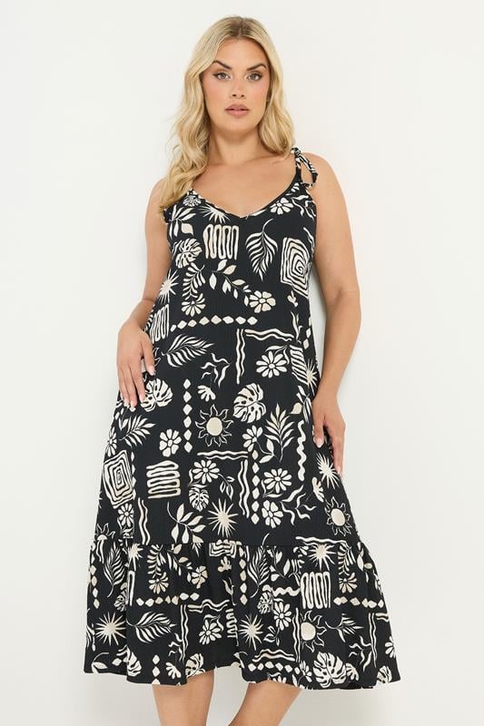  YOURS vestido escalonado negro con estampado abstracto