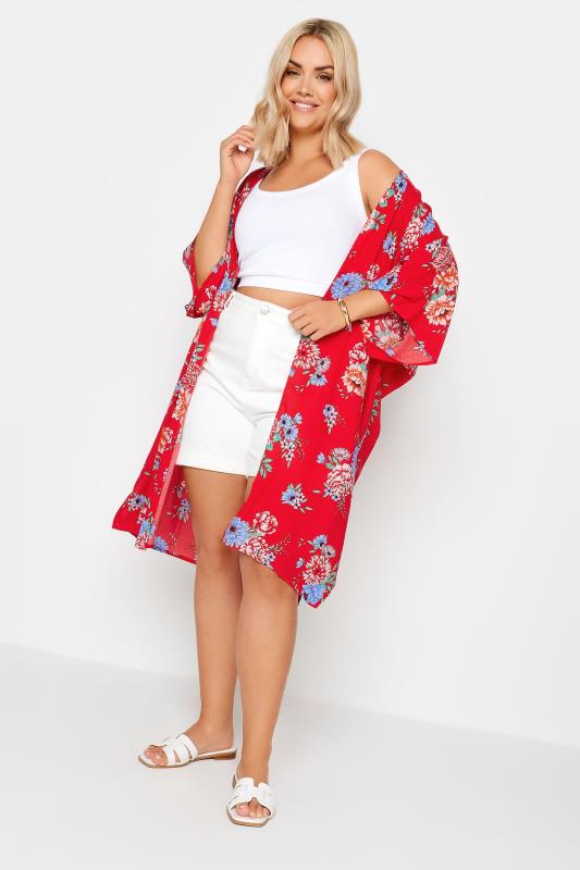 YOURS Plus Size Red Floral Print Longline Kimono | Yours Clothing 1