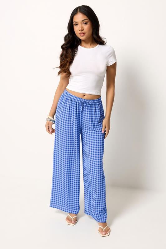 Petite Wide Leg Trousers PixieGirl Petite Blue Gingham Wide Leg Trousers