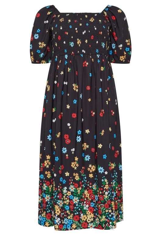 LIMITED COLLECTION Plus Size Black Floral Border Print Shirred Midi Dress | Yours Clothing 6