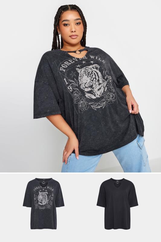 Plus Size  YOURS Curve 2 PACK Black Ring Detail Tops
