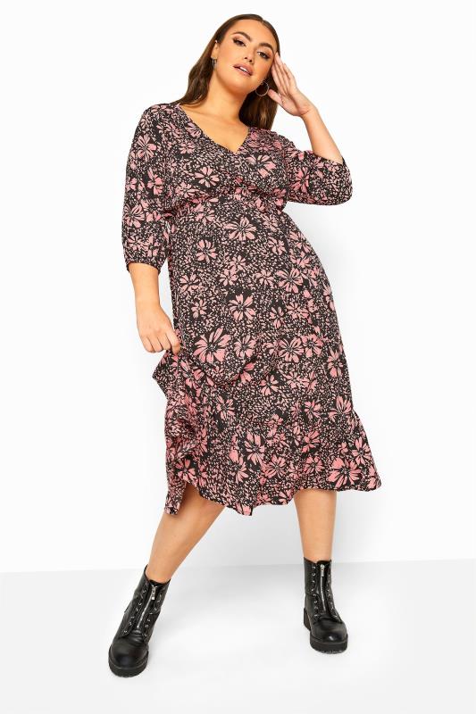 LIMITED COLLECTION Pink Floral Frill Hem Wrap Midi Dress | Yours Clothing