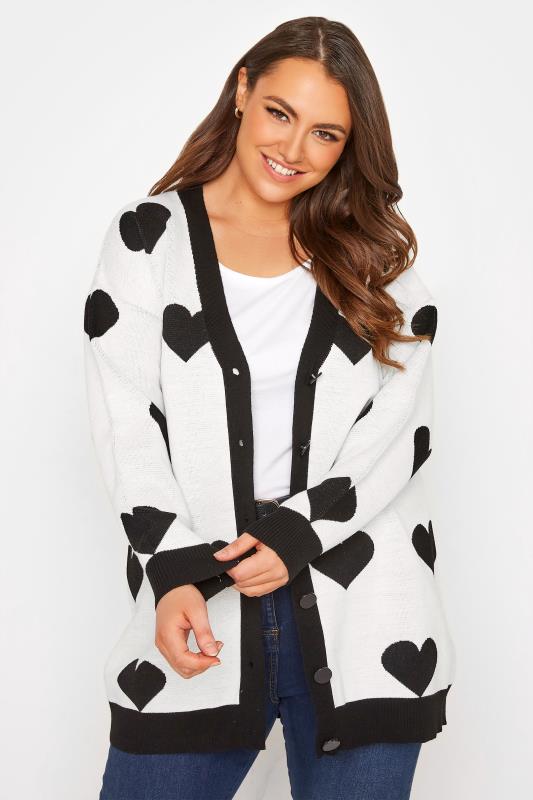 Plus Size Curve White & Black Heart Print Knitted Cardigan | Yours Clothing  1
