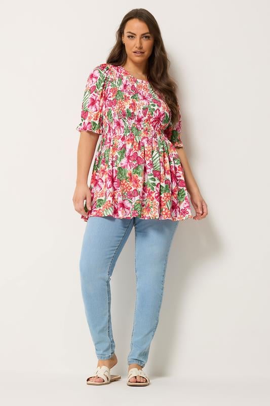 YOURS Plus Size Pink Floral Shirred Puff Sleeve Top |  Yours Clothing 1