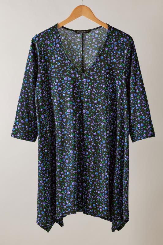 EVANS Plus Size Navy Blue Floral Print Hanky Hem Top | Evans 5