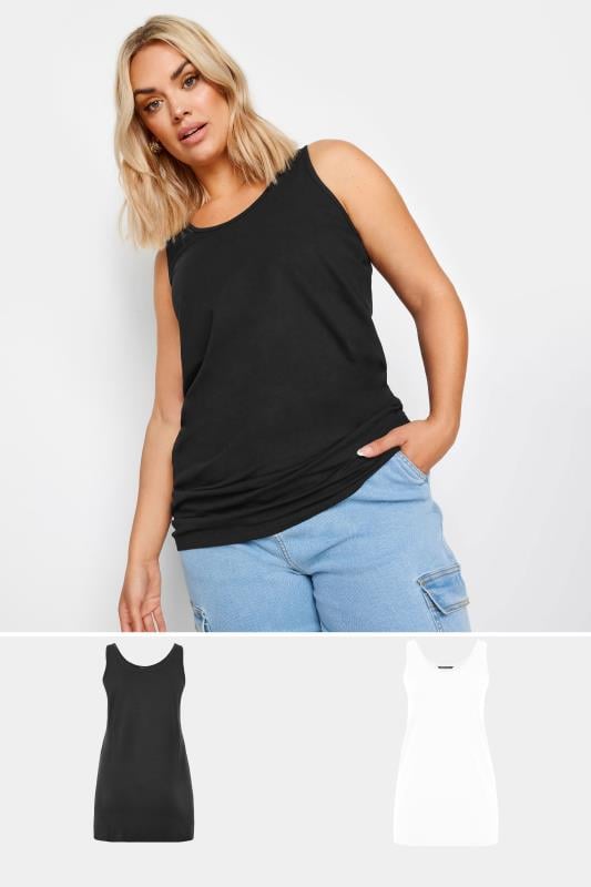 YOURS 2 PACK Plus Size Black & White Longline Vest Tops | Yours Clothing 1