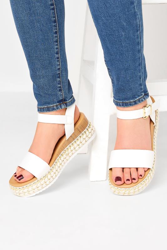 Plus Size White & Brown Buckle Platform Espadrille Wedge Heels | Yours Clothing  1