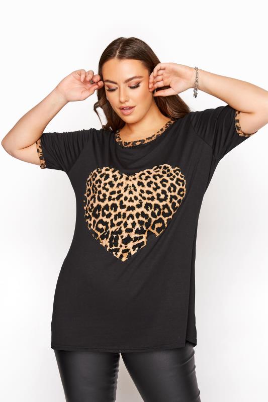 Black Leopard Print Heart Ringer T-Shirt | Yours Clothing