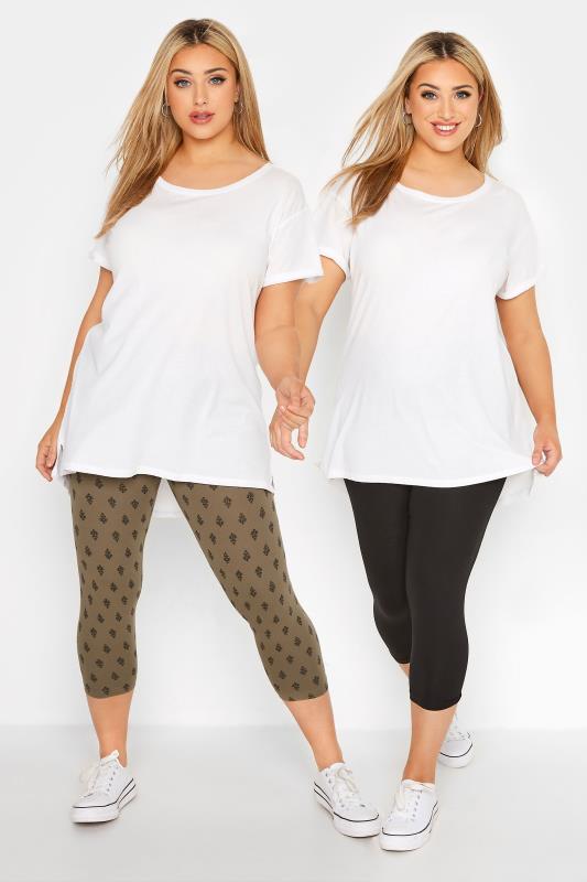 YOURS FOR GOOD 2 PACK Curve Black & Khaki Green Cropped Leggings | Yours Clothing 1