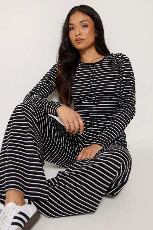 PixieGirl Petite Women's Set Black Stripe Cotton Button Top & Wide Leg Trousers | PixieGirl 1