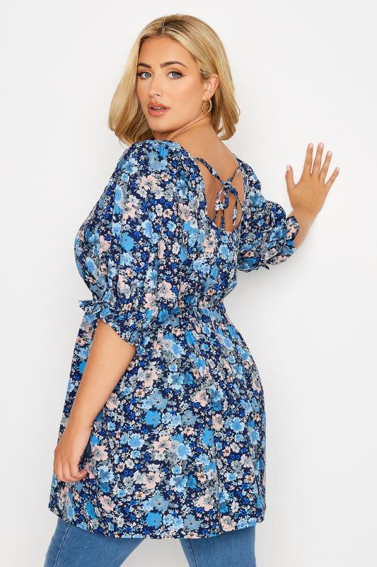 Curve Blue Floral Print Sweetheart Puff Sleeve Top 3