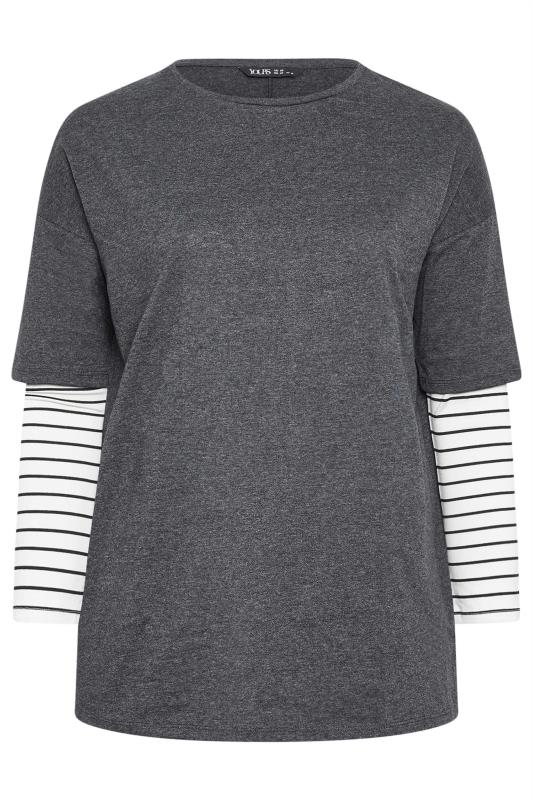 YOURS Plus Size Grey Stripe Sleeve Double Layer T-Shirt | Yours Clothing 5