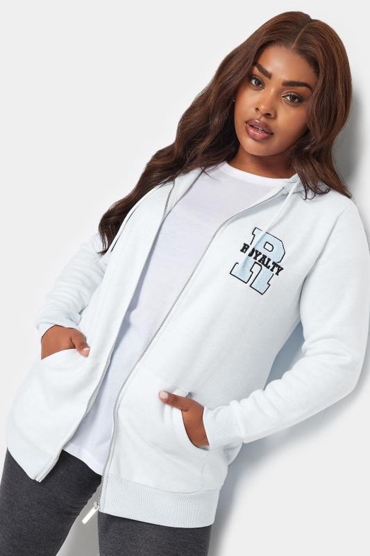 Plus Size  YOURS Curve Blue Embroidered Zip Through Marl Hoodie